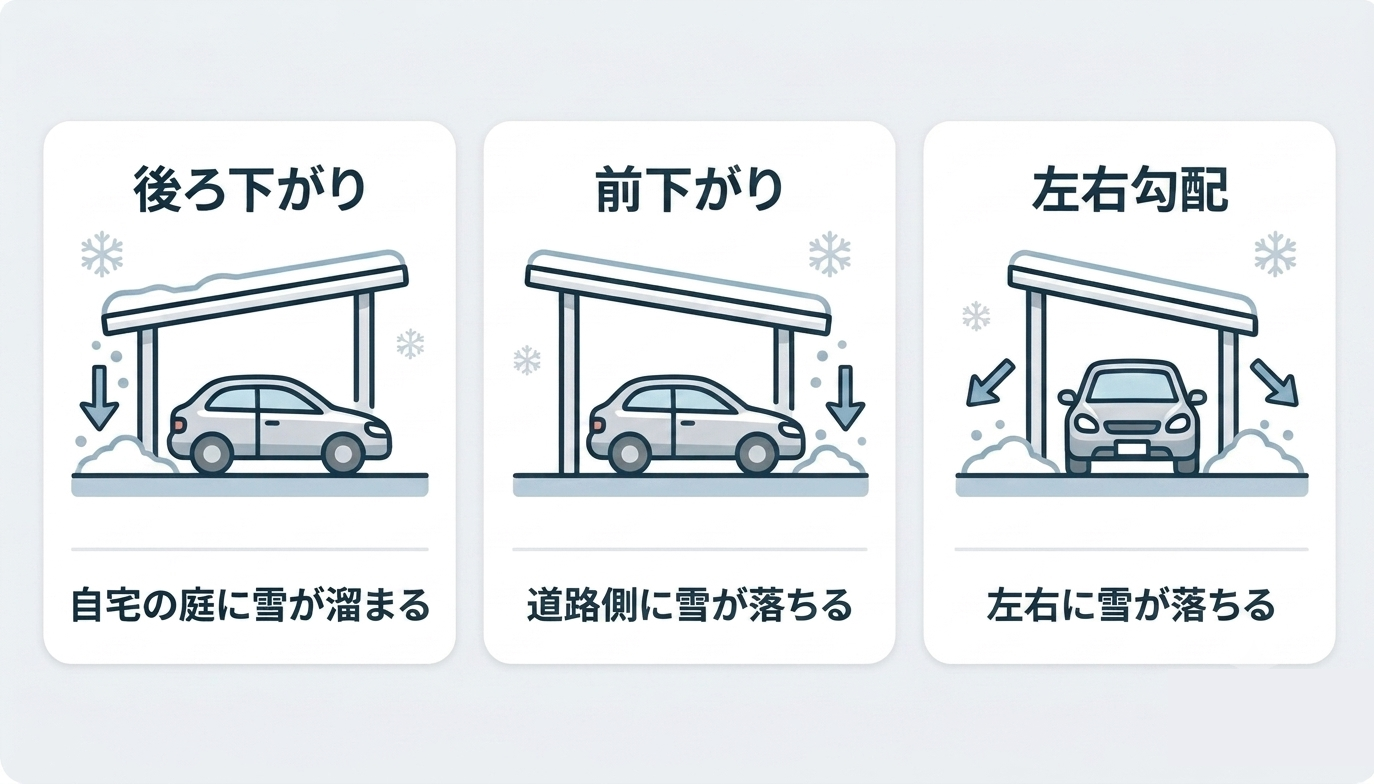 屋根勾配の例（後ろ下がり：自宅の庭に雪が溜まる／前下がり：道路側に雪が落ちる／左右勾配：左右に雪が落ちる）
