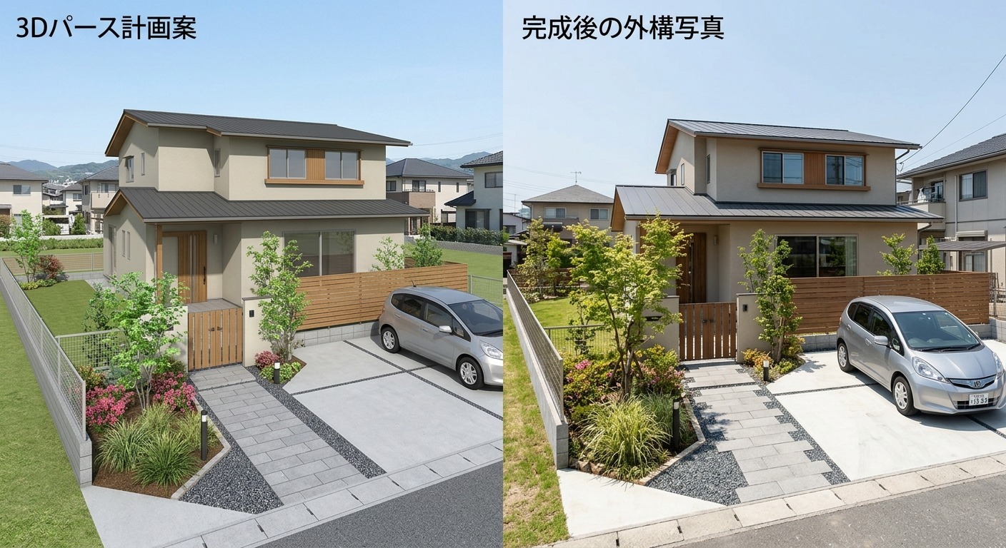 3Dパース計画案と完成後の外構写真